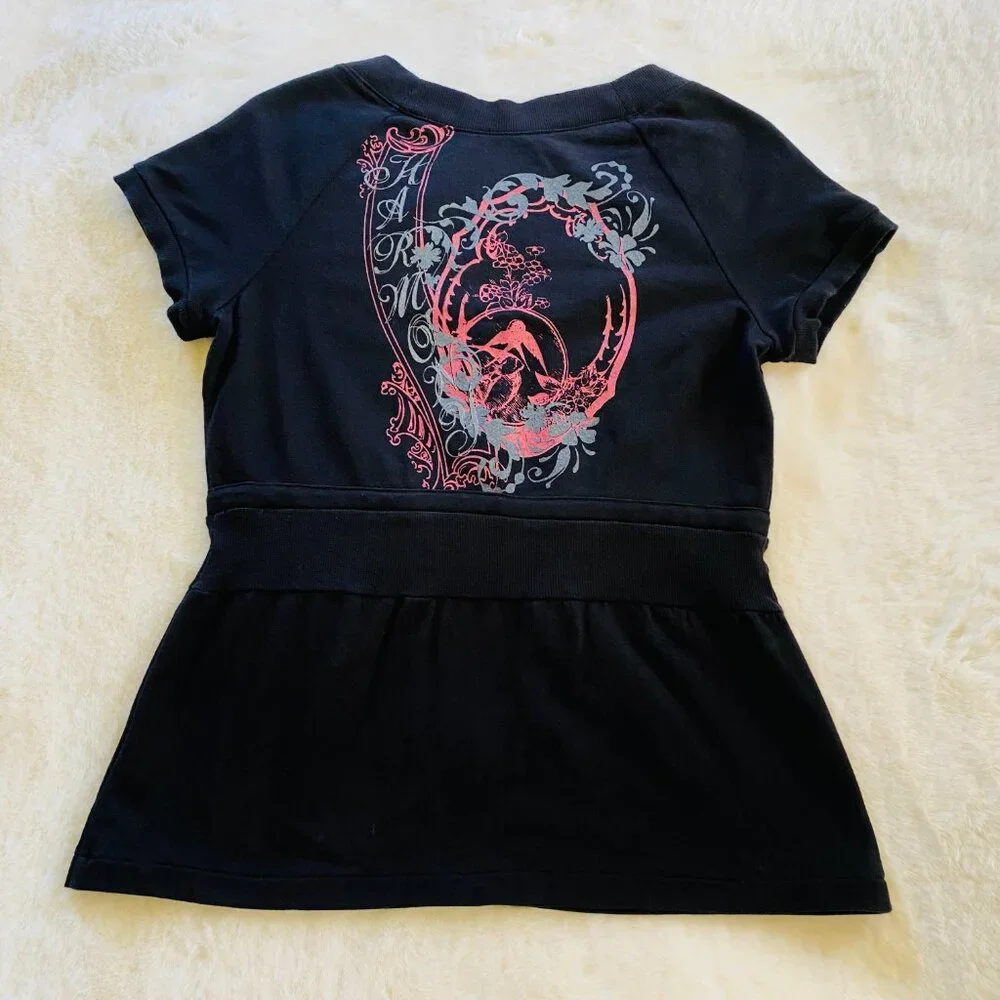 Women's Black Activewear Short-Sleeve Zip-Up Jacket, Bird Graphic Y2K style - Picture 4 of 10